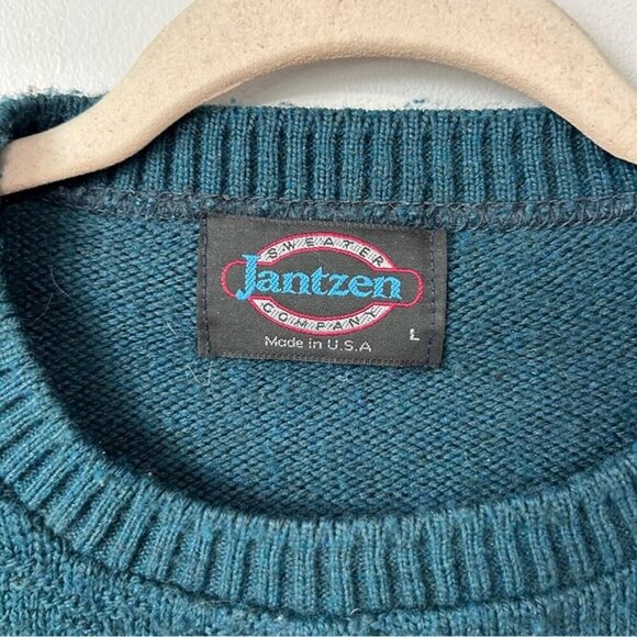 Vintage Jantzen Wool Teal Blue Crewneck Long Sleeve Knit Sweater Men’s Large - Picture 2 of 4